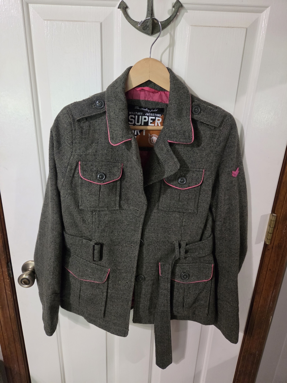 Superdry Gray Military-Style Jacket with Pink Trim